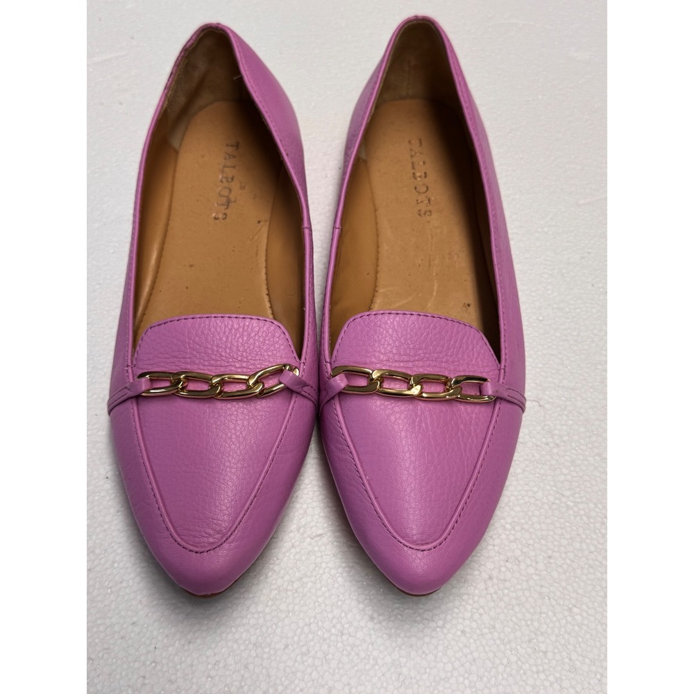 Talbots Orchid Pink Pebbled Leather Pointed Toe Chain Link Loafers Size 7M